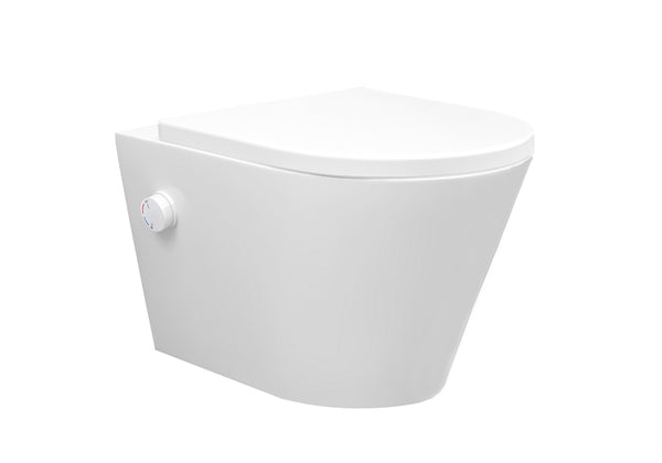 Vesta wall-mounted toilet rimless with bidet tap, hot and cold water, and Shade slim toilet seat in matt white