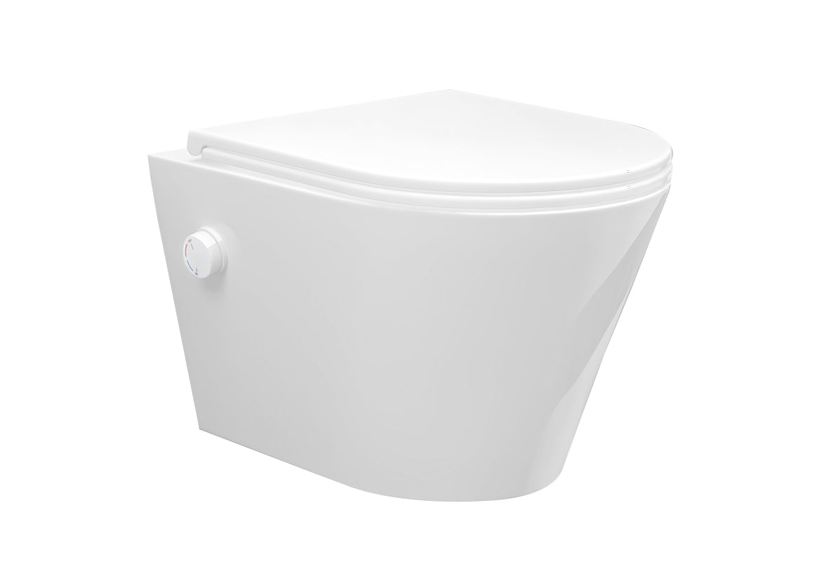 Vesta wandcloset rimless met bidetkraan warm koud water met Flatline toiletzitting glans wit - WDtegels