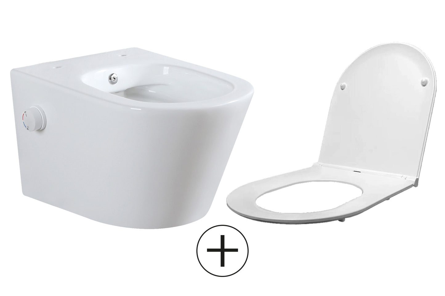 Vesta wandcloset rimless met bidetkraan warm koud water met Flatline toiletzitting glans wit - WDtegels