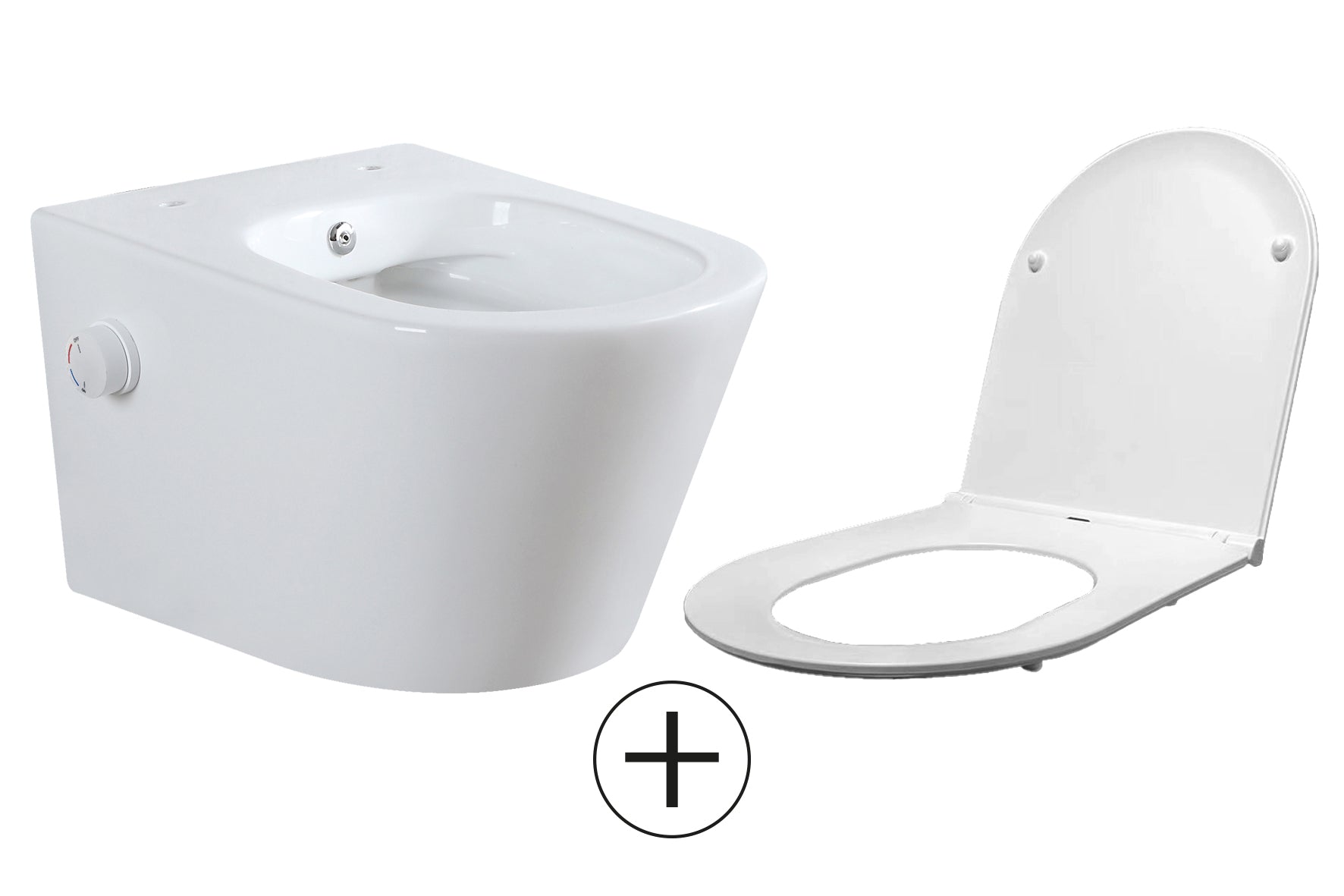 Vesta wandcloset rimless met bidetkraan warm koud water met Flatline toiletzitting glans wit - WDtegels