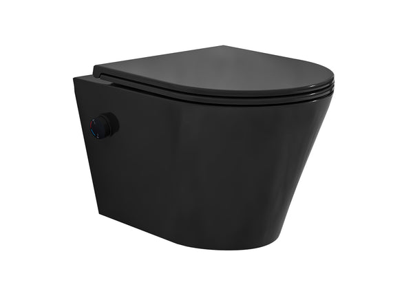 Vesta wall-mounted toilet rimless with bidet tap, hot and cold water, and a Flatline toilet seat in matt black