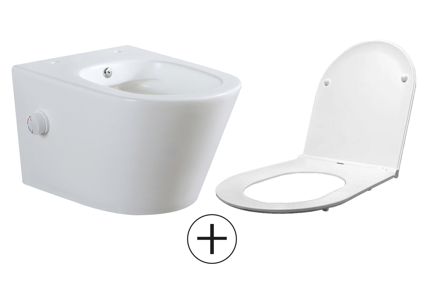 Vesta wandcloset rimless met bidetkraan warm koud water met Flatline toiletzitting mat wit - WDtegels