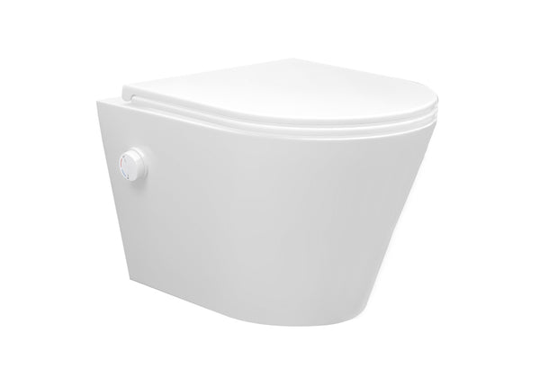 Vesta wall-mounted toilet rimless with bidet tap, hot and cold water, and a Flatline toilet seat in matt white
