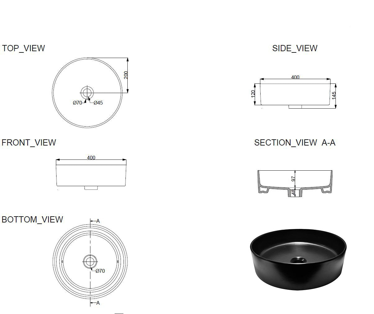 Wiesbaden Link washbasin round 40x12 cm ceramic matt black