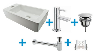 Fonteinset Rhea S mini met fontein links glans wit, kraan, sifon en afvoerplug chroom - WDtegels