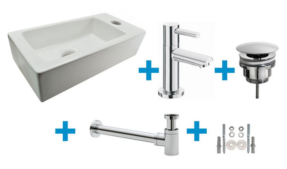 Fonteinset Rhea S mini met fontein rechts glans wit, kraan, sifon en afvoerplug chroom - WDtegels