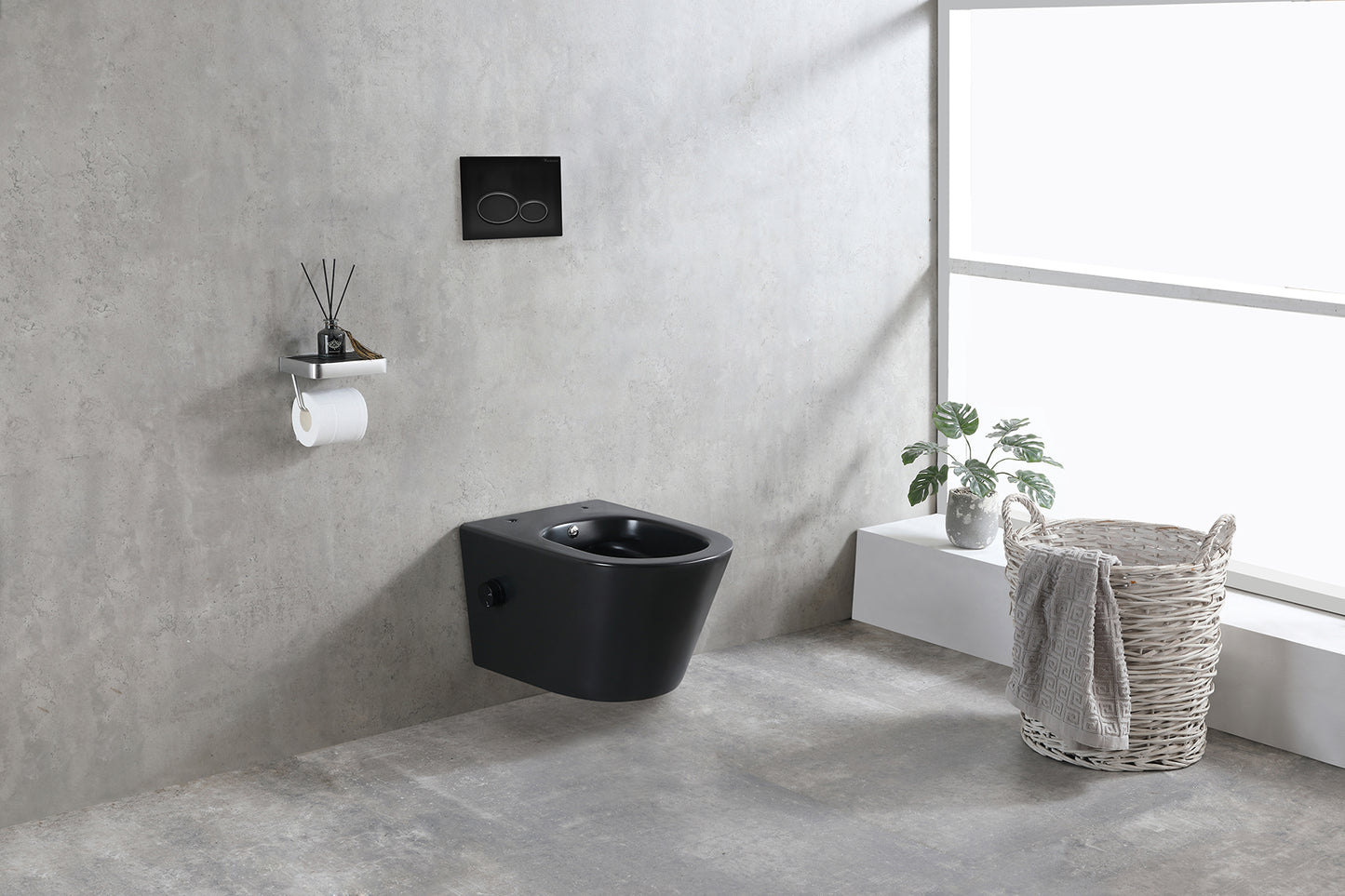 Vesta wall-mounted toilet rimless with bidet tap, cold water, matt black