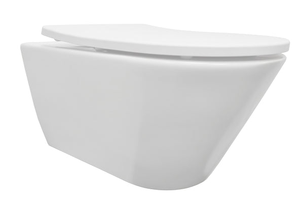 Inodoro suspendido Stereo sin reborde con asiento Shade Slim de cierre suave y liberación rápida en blanco mate.