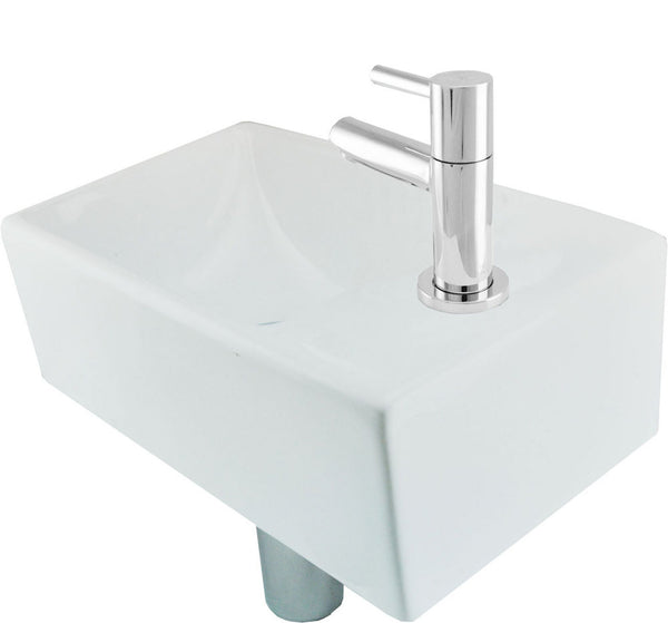 Conjunto de fuente Rhea XXS con fuente derecha blanca brillante, grifo, sifón y tapón de desagüe cromado