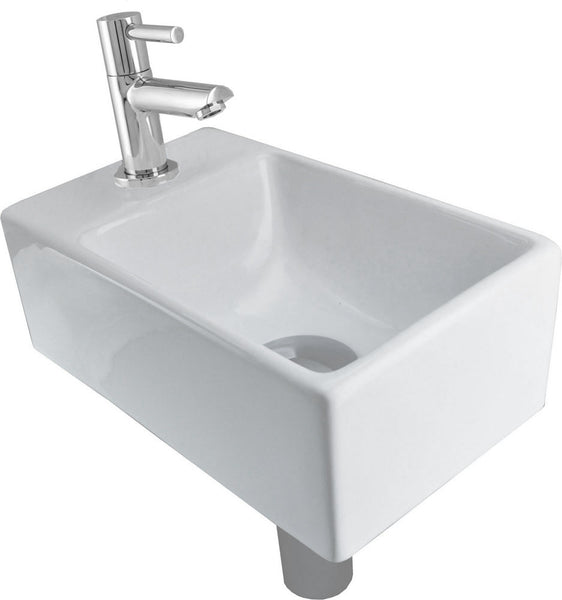 Conjunto de fuente Rhea XXS con fuente izquierda blanco brillo, grifo, sifón y tapón de desagüe cromados
