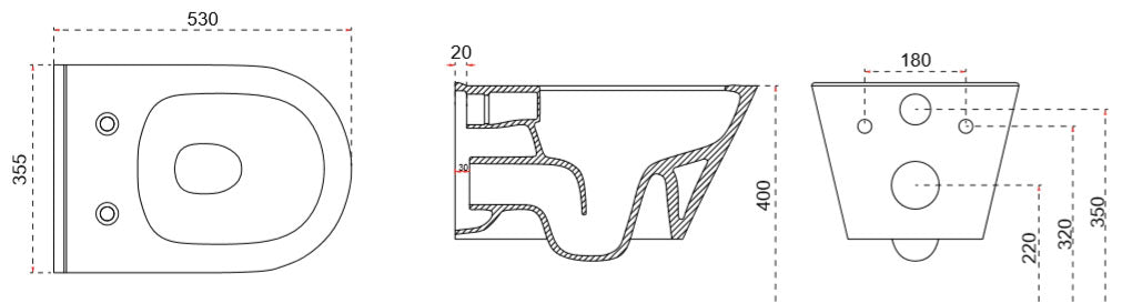Maattekening Stereo wandcloset rimless met bidetkraan Warm en koud water Mat zwart - tekening 2