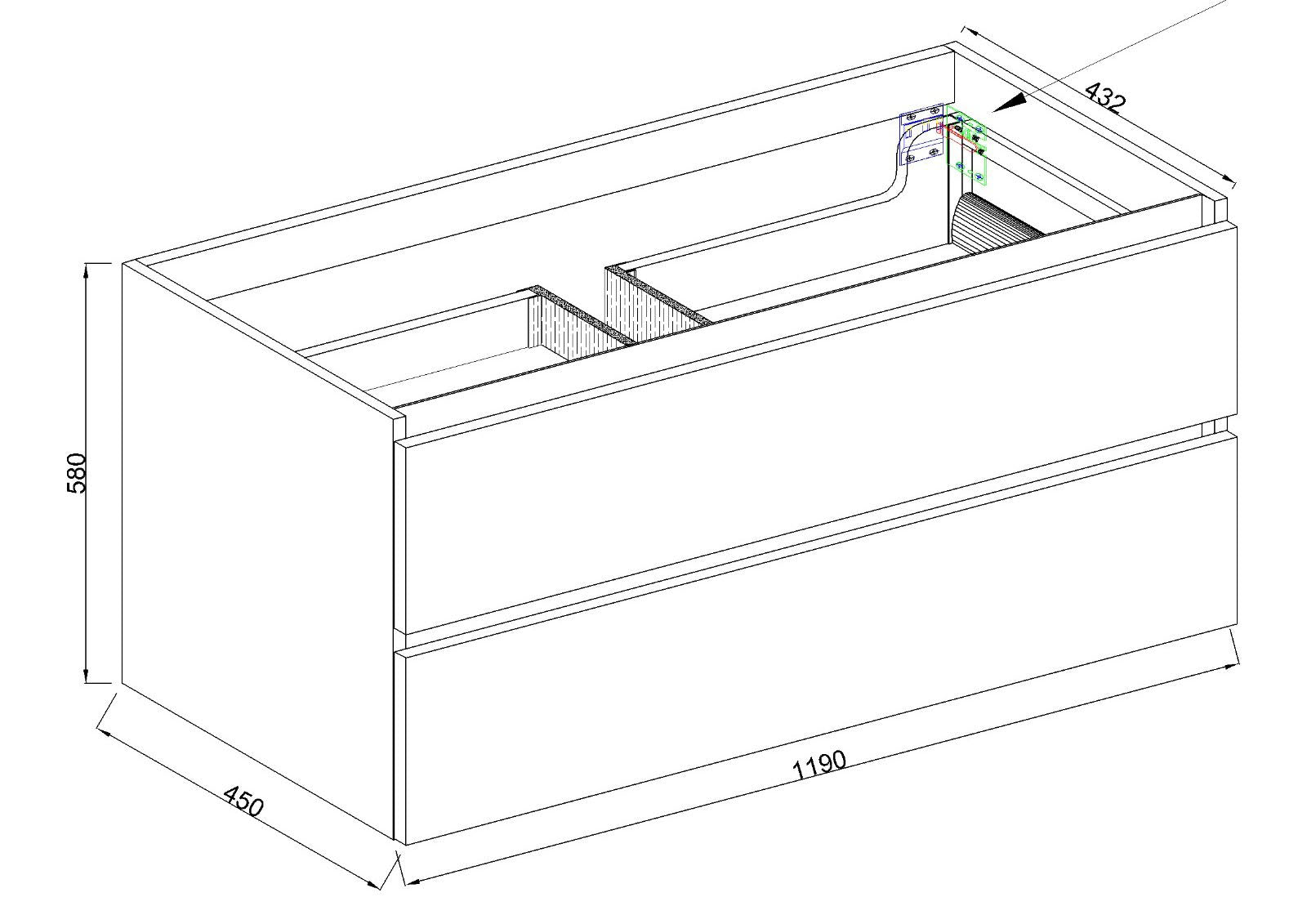 Marmaris onderkast met 2 laden 1 uitsparing 120x45x58cm mat zwart - WDtegels