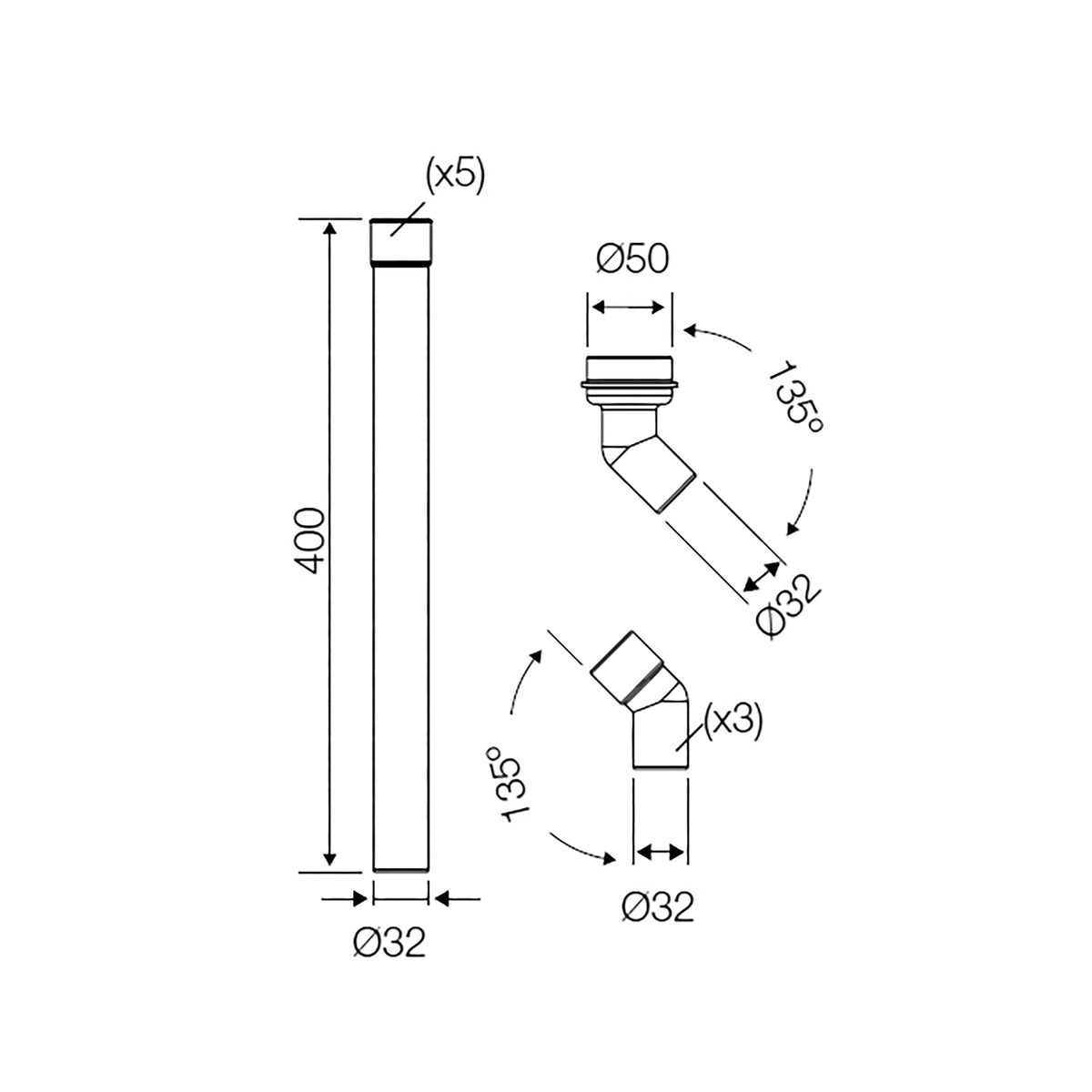 Maattekening Valpijp modulair voor hooghangend reservoir 32/50mm