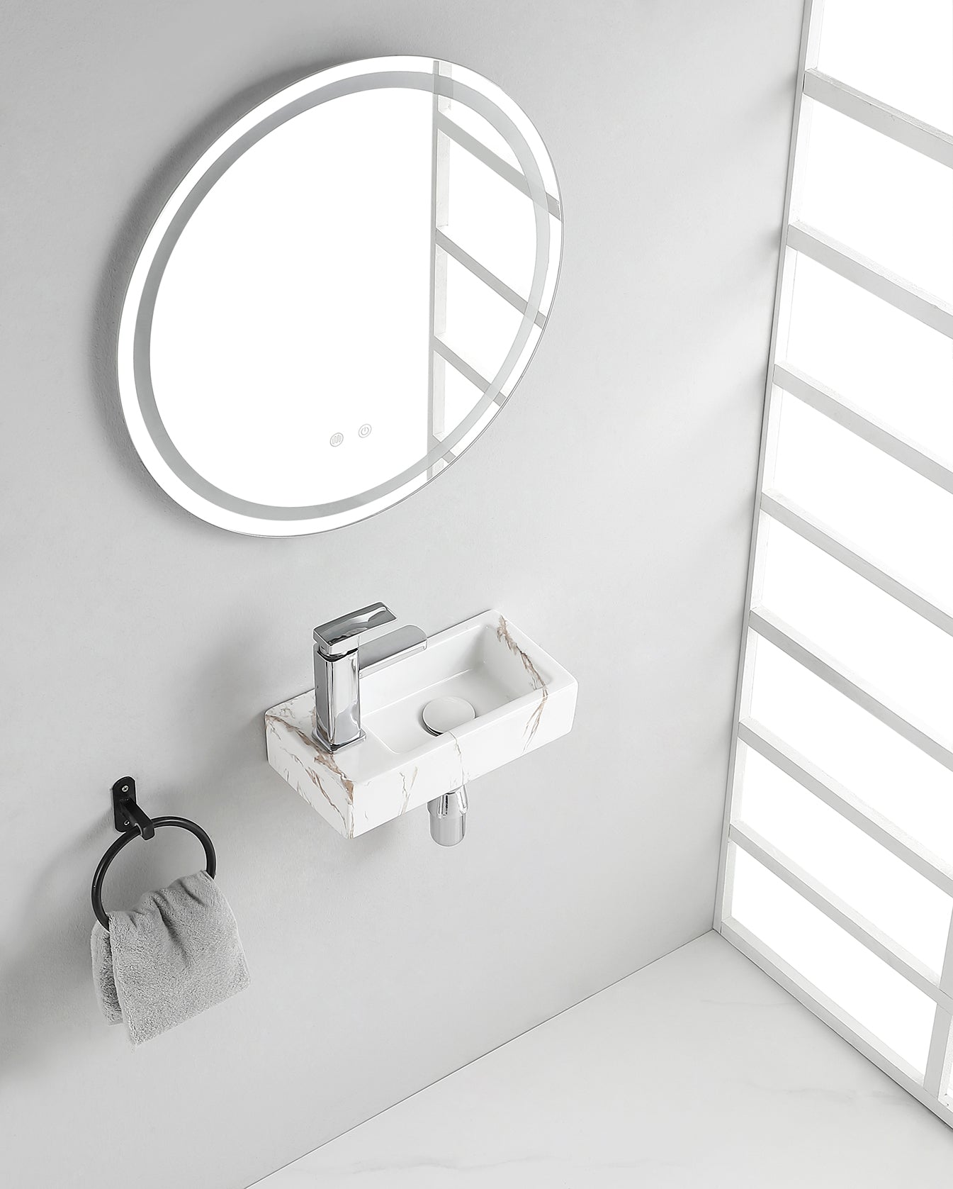 Rhea S mini fontein links 36,5 x 18 x 9 cm keramiek carrara - WDtegels