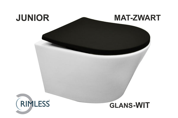Vesta junior wandcloset | Rimless | Verkort glans wit Shade slim toiletzitting | Softclose en quick release | Mat zwart