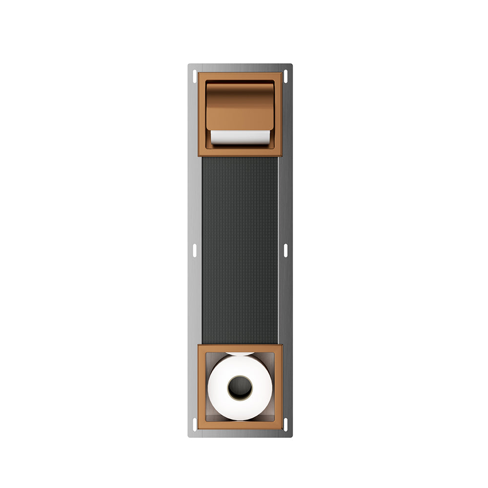 Rocko inbouw toiletrolhouder met klep en reserverolhouder geborsteld brons koper - productfoto 2