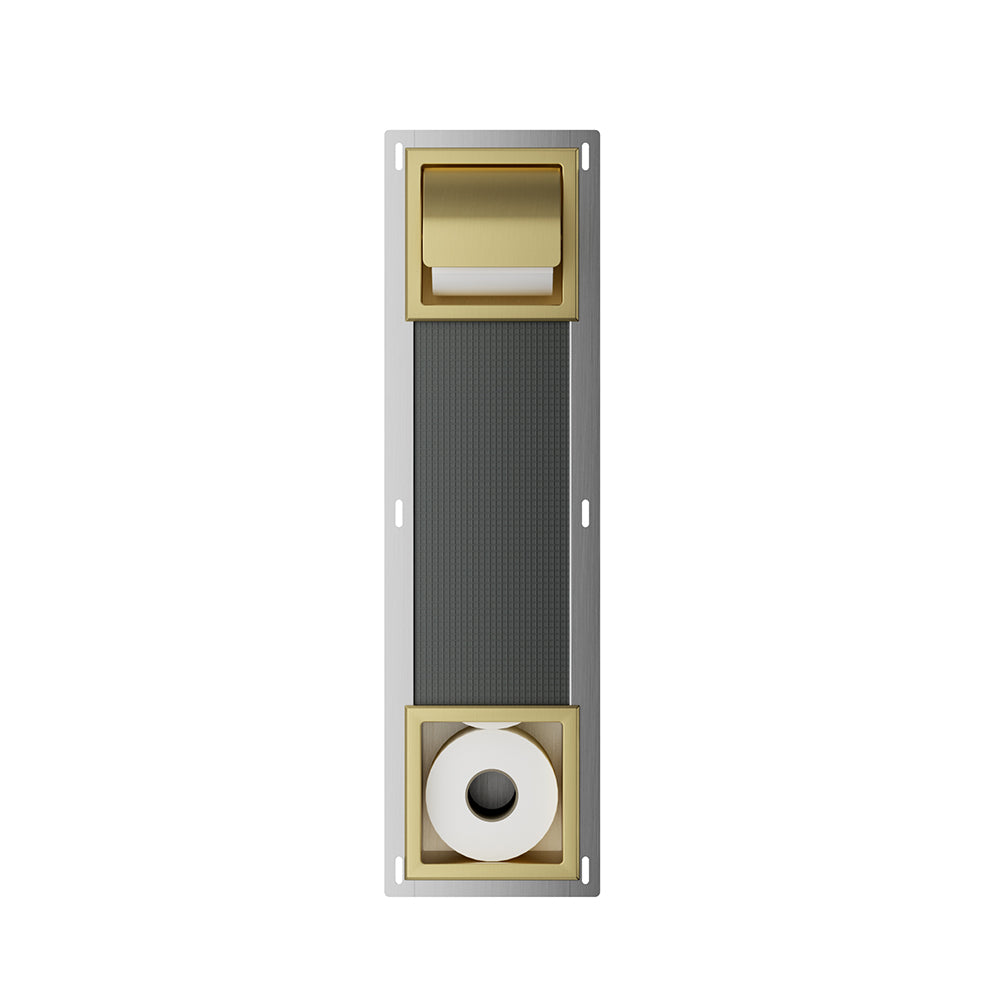 Rocko inbouw toiletrolhouder met klep en reserverolhouder geborsteld messing - productfoto 2