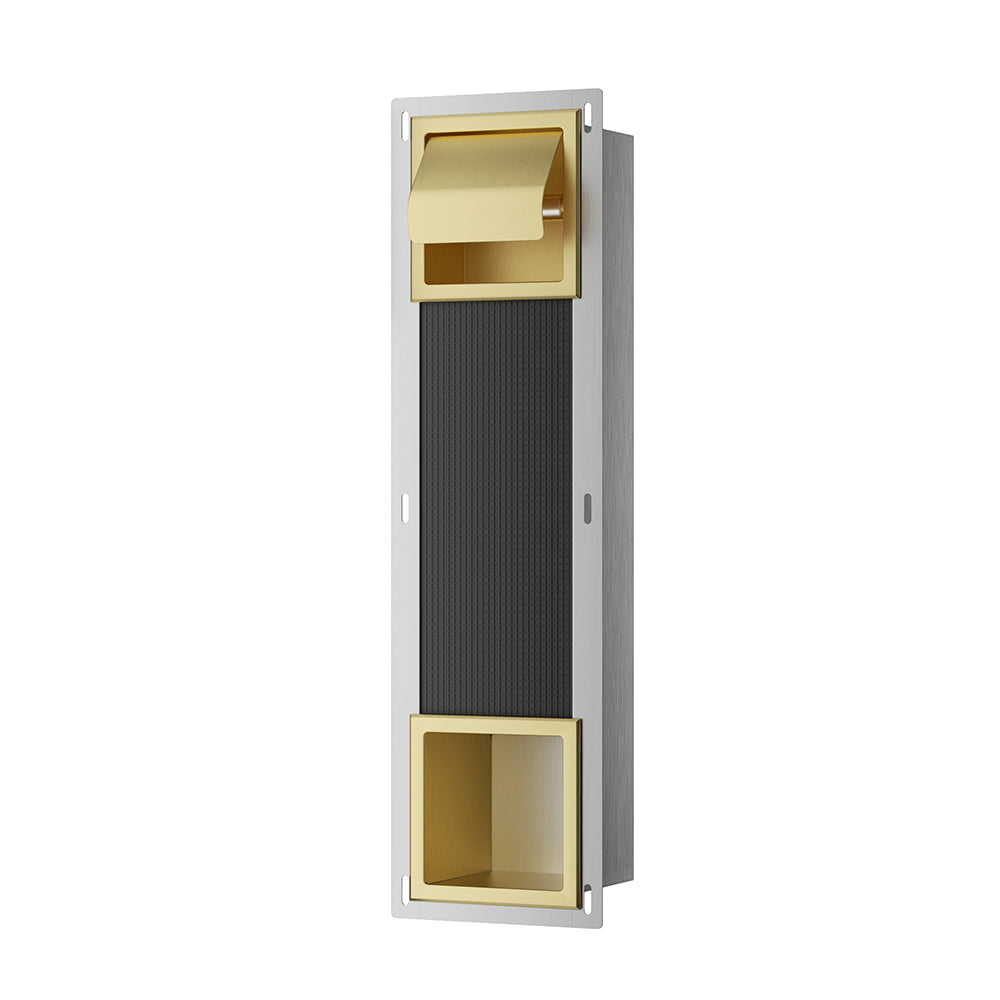 Rocko inbouw toiletrolhouder met klep en reserverolhouder geborsteld messing - productfoto 3