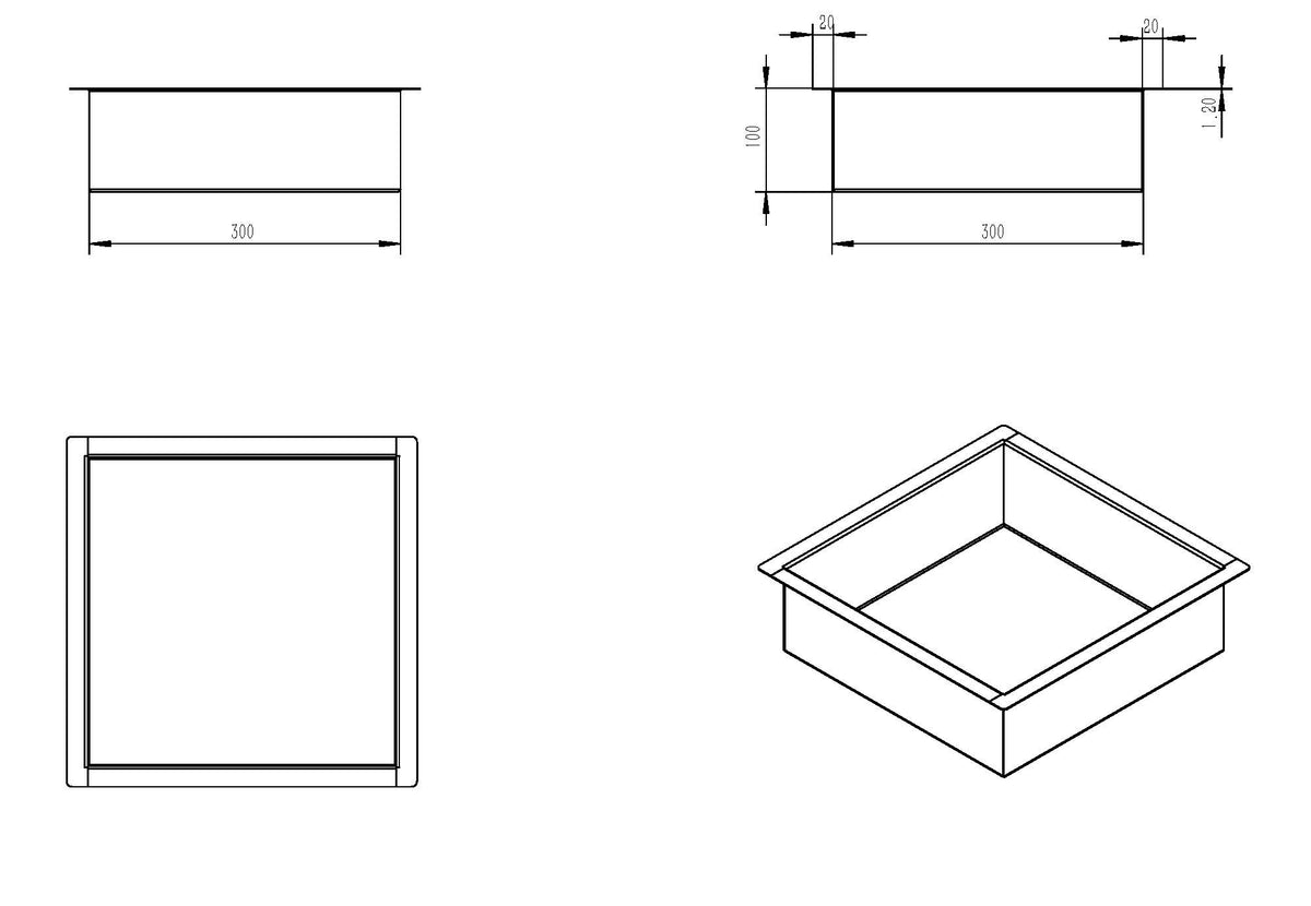 Lijntekening Demis inbouwnis 30x30x10cm geborsteld messing PVD
