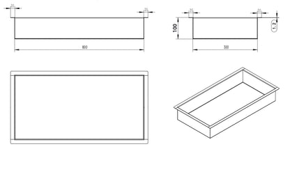 Lijntekening Demis inbouwnis 30x60x10cm geborsteld messing PVD