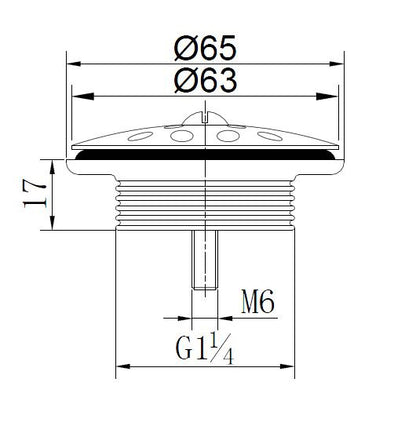Lijntekening Korv open afvoerplug rooster 5/4 inch geborsteld messing PVD