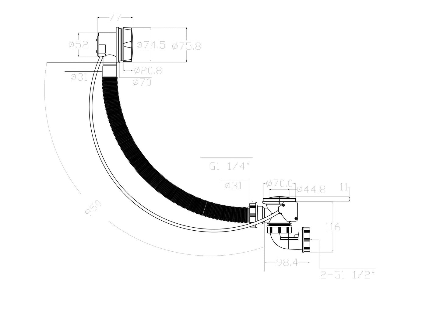 Wiesbaden extended bath-plugoverl.-comb.+waste chr. 40mm