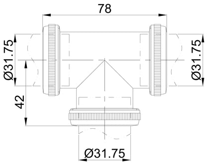 Lijntekening UniMatch buisverbinder T-stuk 32mm voor vloerbuis Chroom