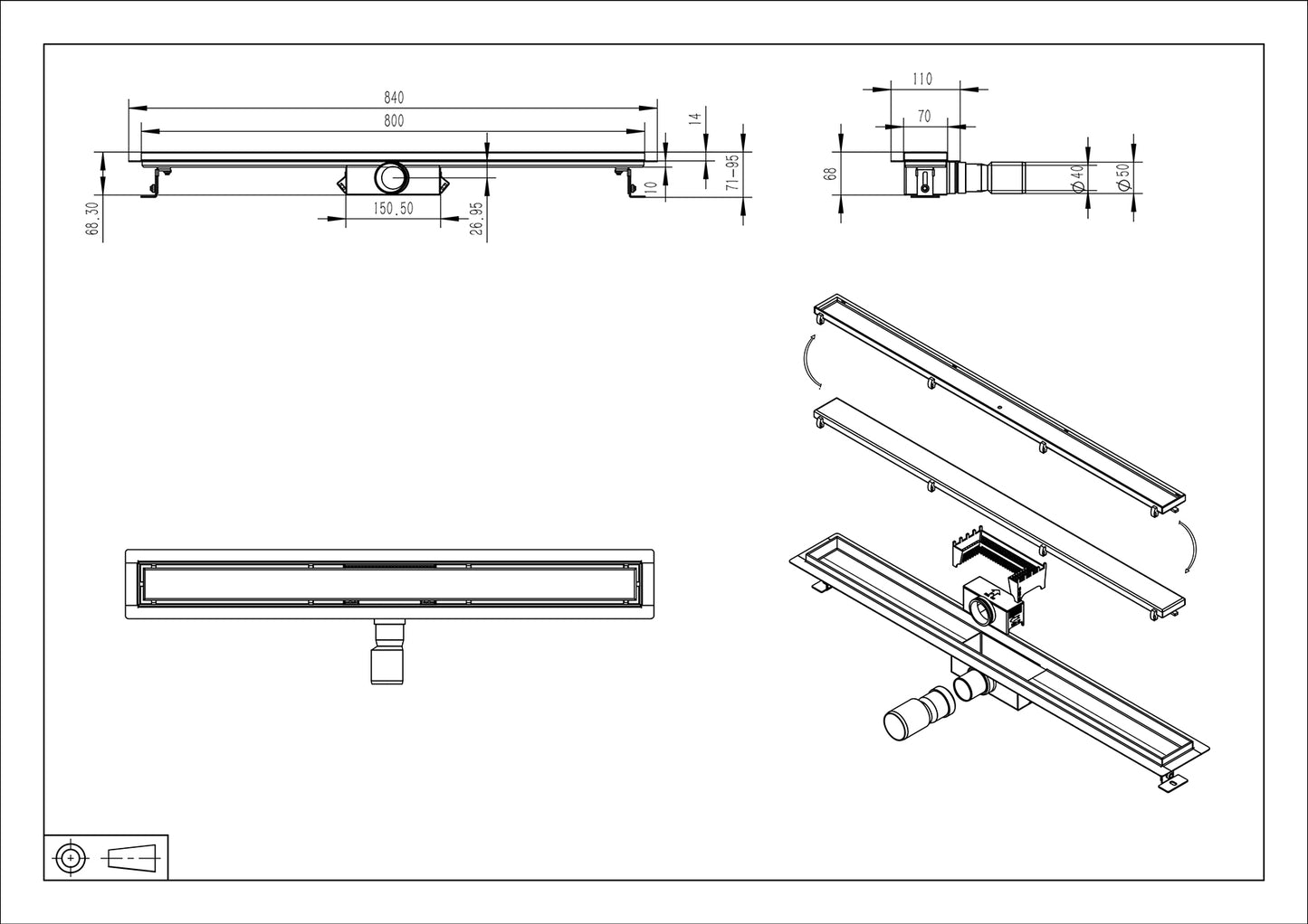 Douchegoot met flens en tegelrooster | 80x7cm | Geborsteld messing PVD - WDtegels