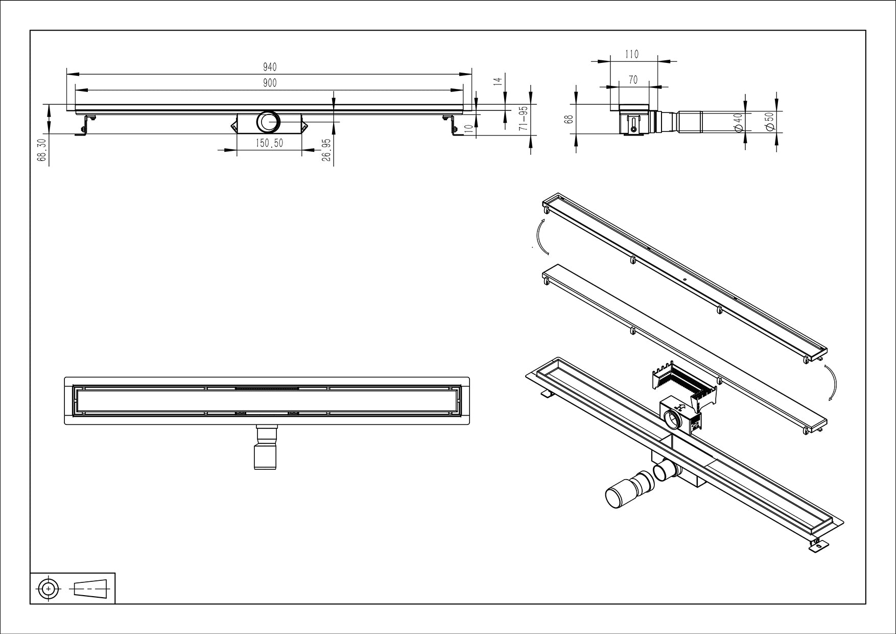 Douchegoot met flens en tegelrooster | 90x7cm | Geborsteld messing PVD - WDtegels