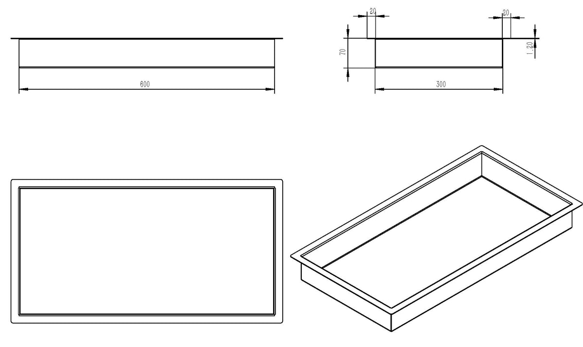 Lijntekening Demis inbouwnis 30x60x7cm gunmetal PVD