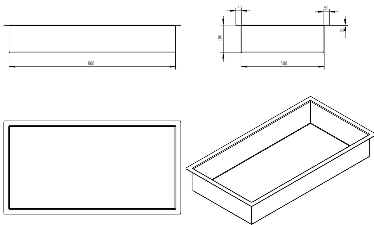 Lijntekening Demis inbouwnis 30x60x10cm gunmetal PVD