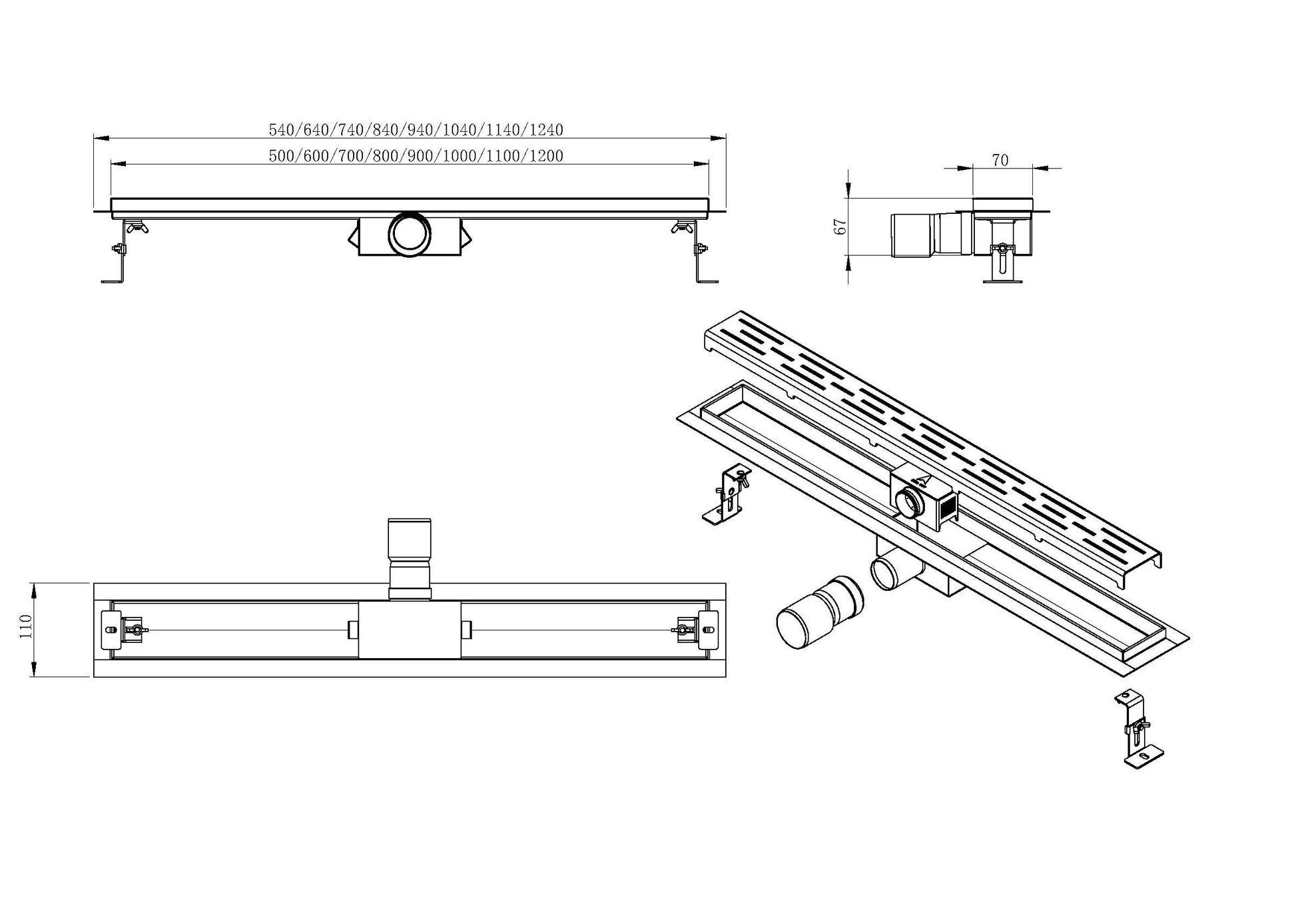 Wiesbaden RVS douchegoot+flens met tegelrooster | 110x7cm - WDtegels