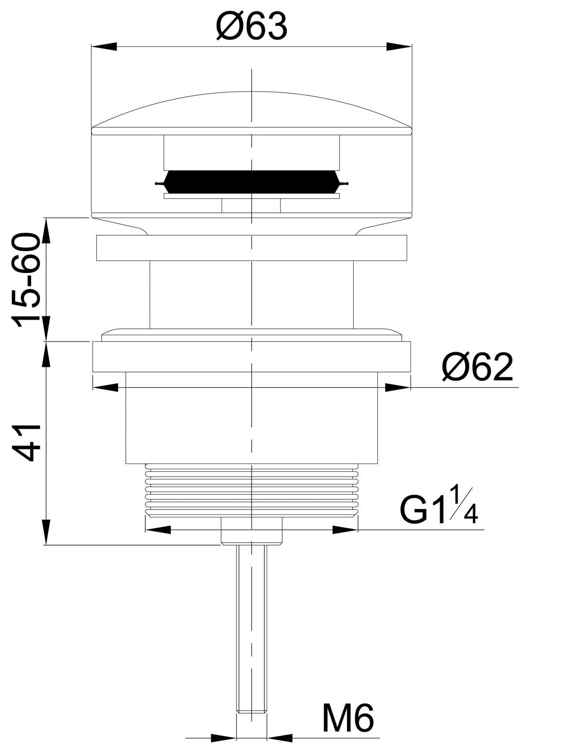 Lijntekening UniMatch clickwaste afvoerplug 5/4 inch mat zwart