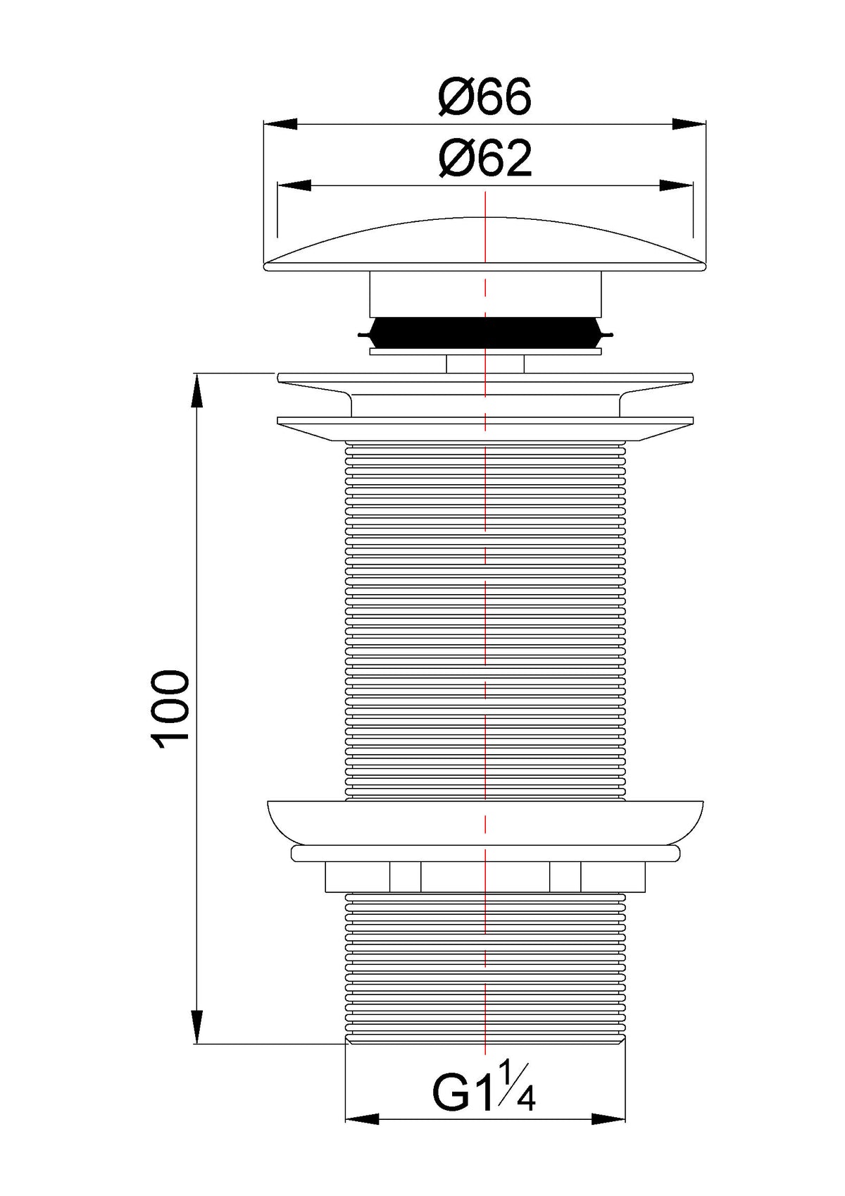 Lijntekening UniMatch clickwaste afvoerplug verlengd 5/4 inch mat zwart
