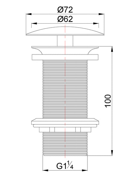 Lijntekening UniMatch open afvoerplug verlengd 5/4 inch mat zwart