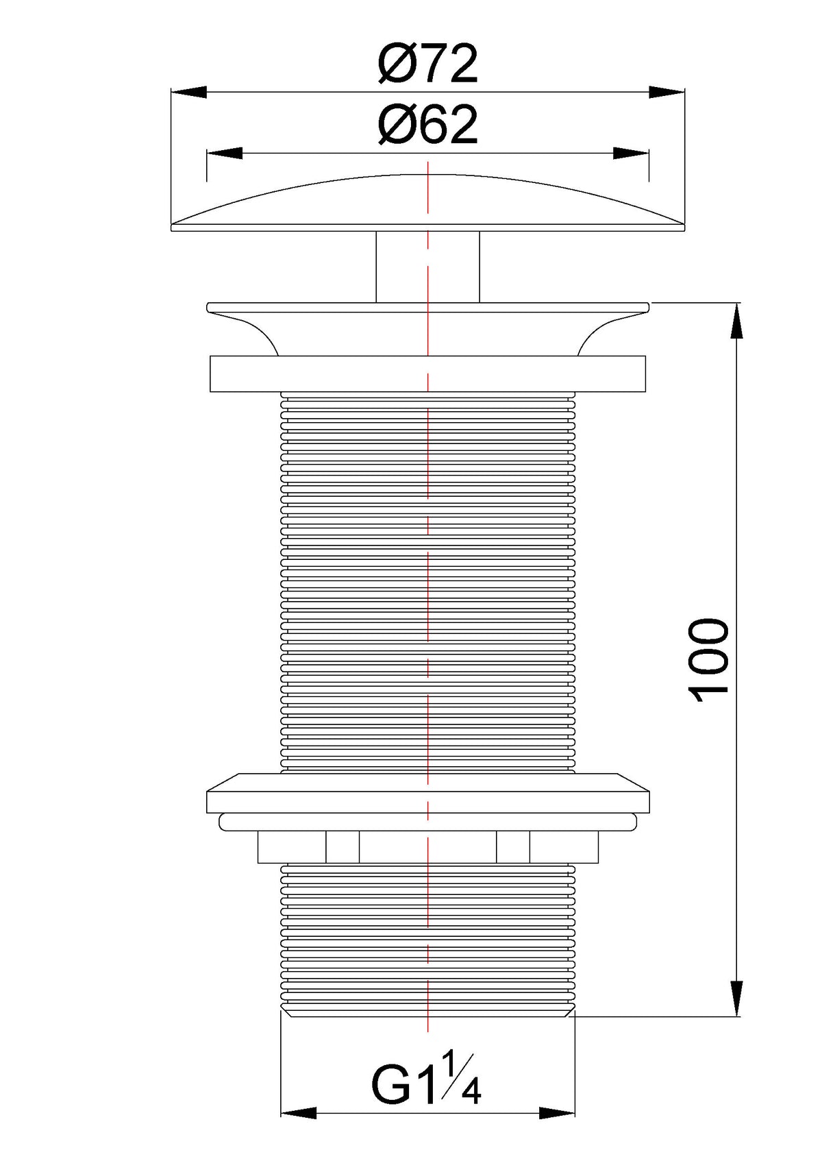 Lijntekening UniMatch open afvoerplug verlengd 5/4 inch geborsteld messing PVD