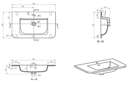 Lijntekening Laro meubelwastafel 80 x 48 x 1,5 cm solid surface mat wit