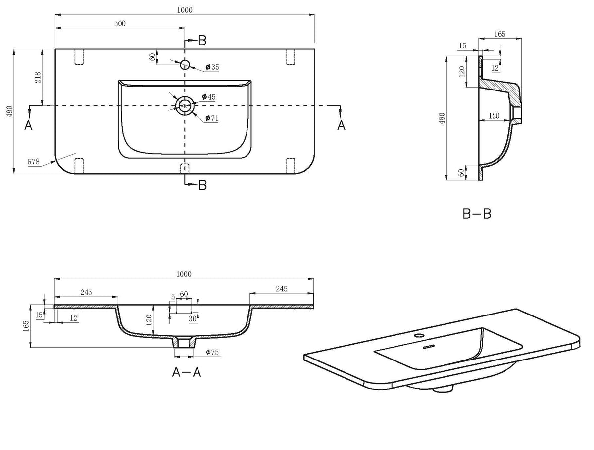 Lijntekening Laro meubelwastafel 100 x 48 x 1,5 cm solid surface mat wit
