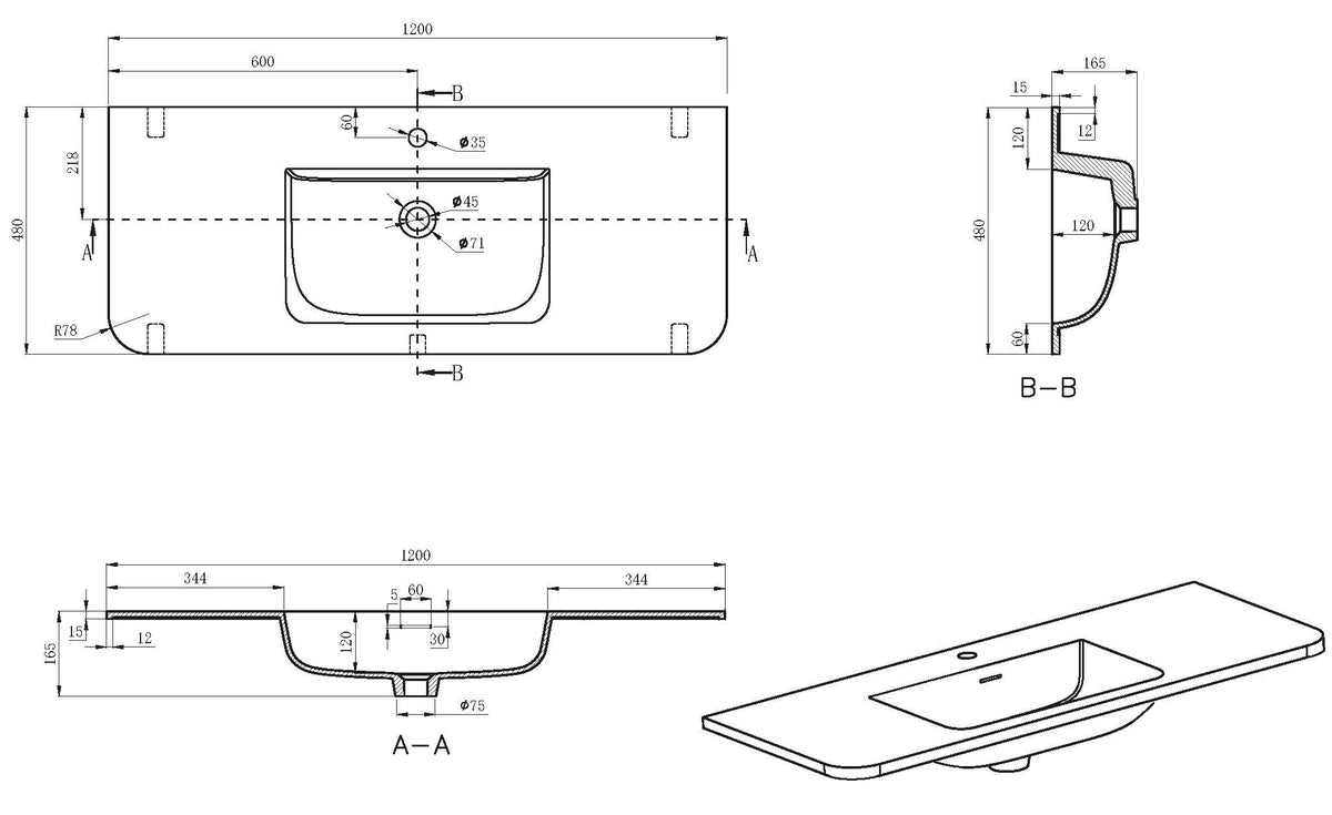 Lijntekening Laro meubelwastafel 120 x 48 x 1,5 cm solid surface mat wit