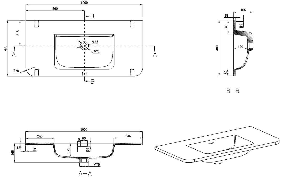Lijntekening Laro meubelwastafel 100 x 48 x 1,5 cm solid surface mat wit