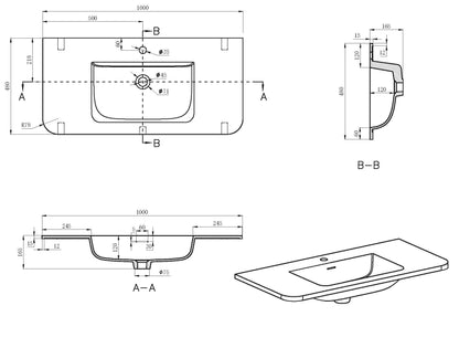 Lijntekening Laro meubelwastafel 100 x 48 x 1,5 cm solid surface beige