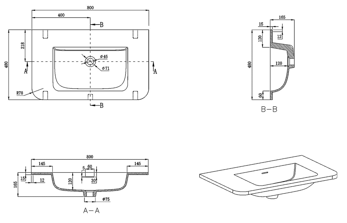 Lijntekening Laro meubelwastafel 80 x 48 x 1,5 cm solid surface beige