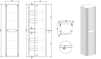 Maattekening Sulora geribbelde kolomkast 160x40x35cm bruin eiken