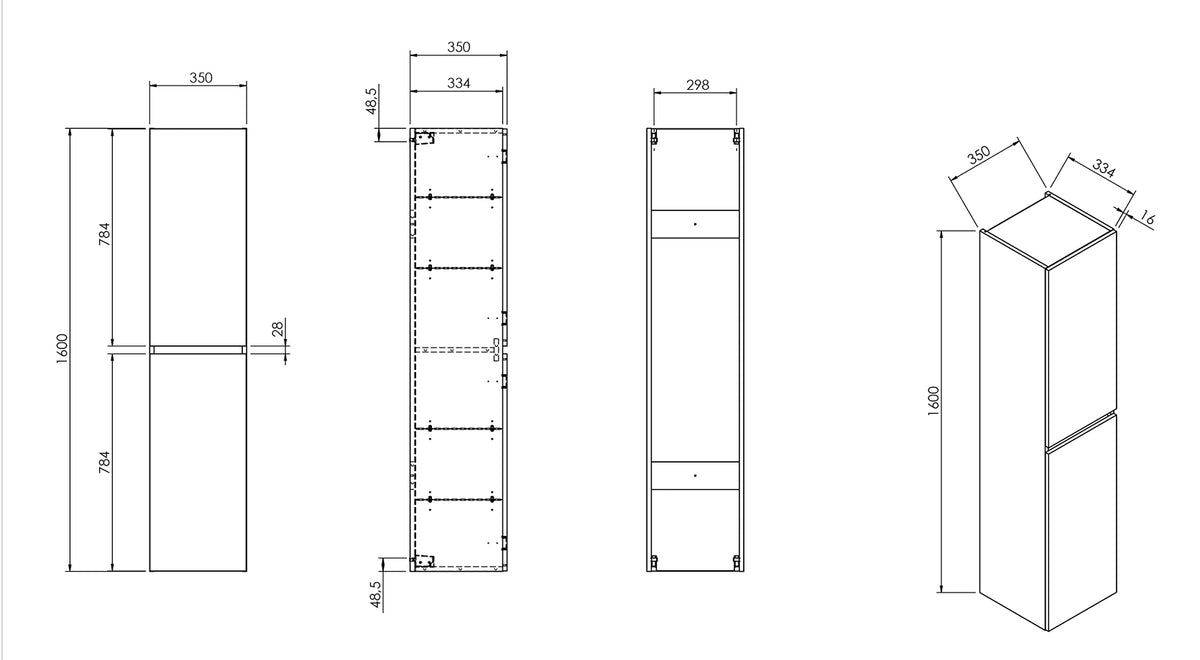 Maattekening Alvara kolomkast 160x35x35cm grijs eiken
