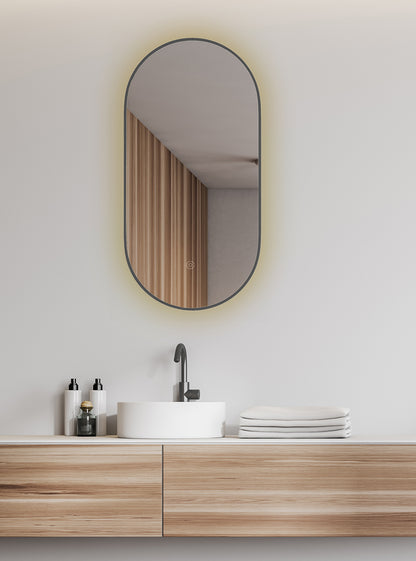 Nomi spiegel met lijst ovaal met LED, dimbaar en spiegelverwarming 50 x 100 cm gunmetal - WDtegels