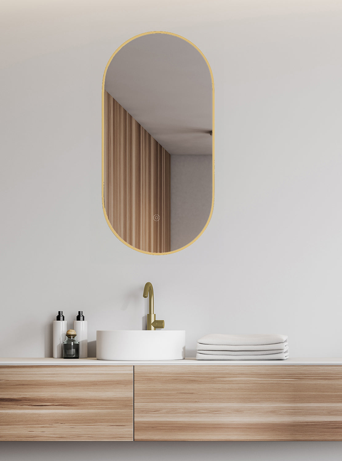 Nomi spiegel met lijst ovaal met LED, dimbaar en spiegelverwarming 50 x 100 cm goud - WDtegels