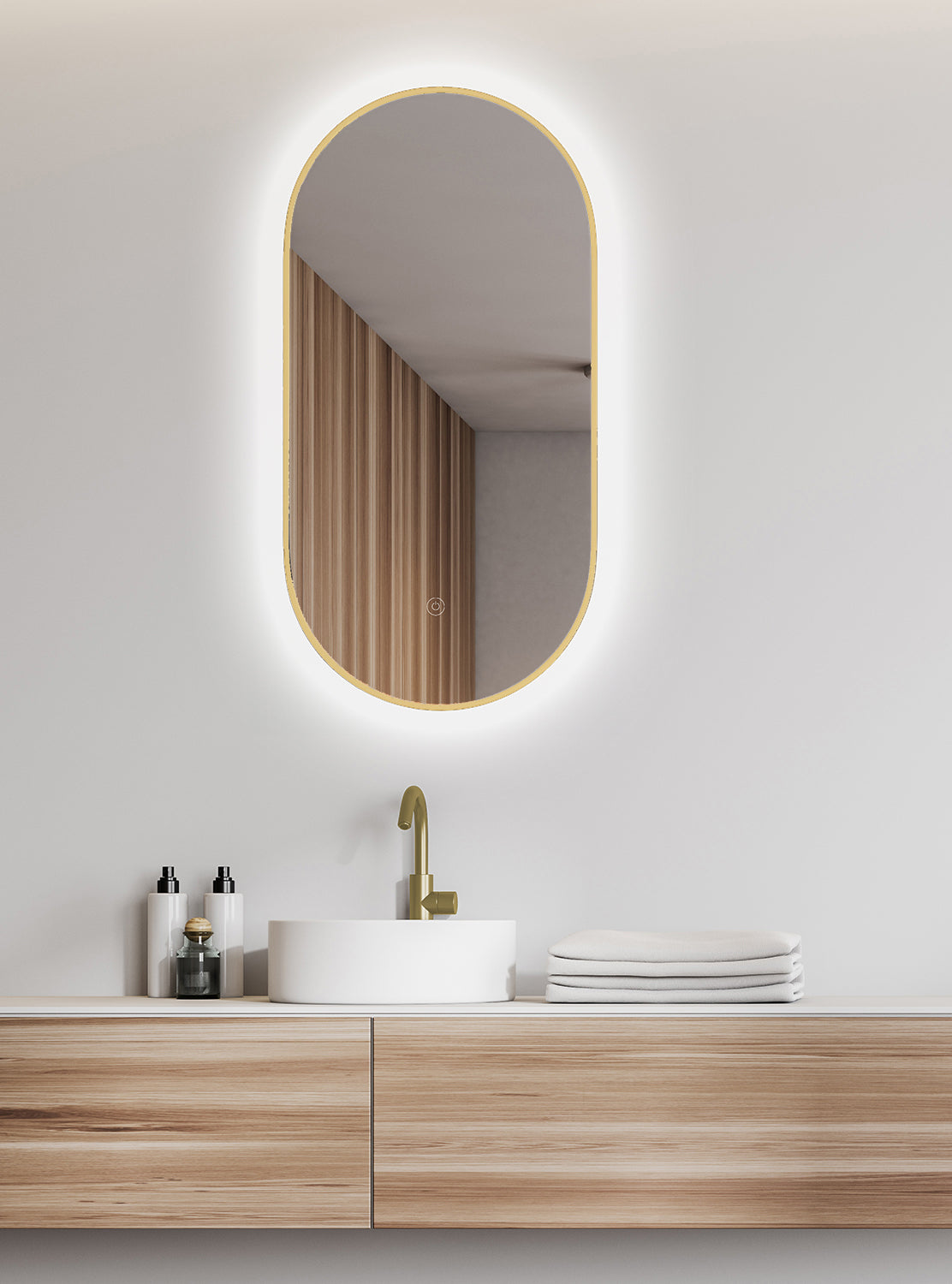 Nomi spiegel met lijst ovaal met LED, dimbaar en spiegelverwarming 50 x 100 cm goud - WDtegels