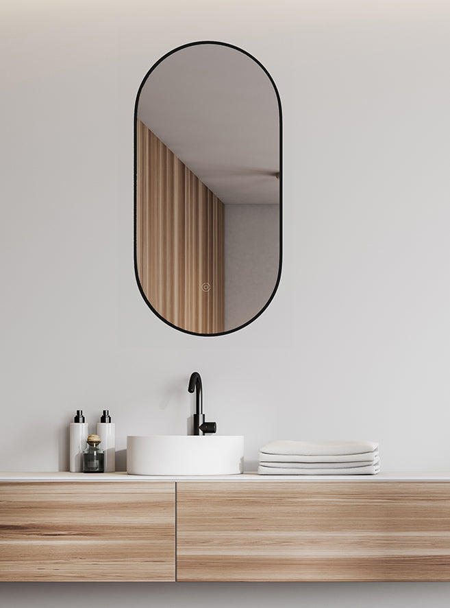 Nomi spiegel met lijst ovaal met LED, dimbaar en spiegelverwarming 50 x 100 cm mat zwart - WDtegels