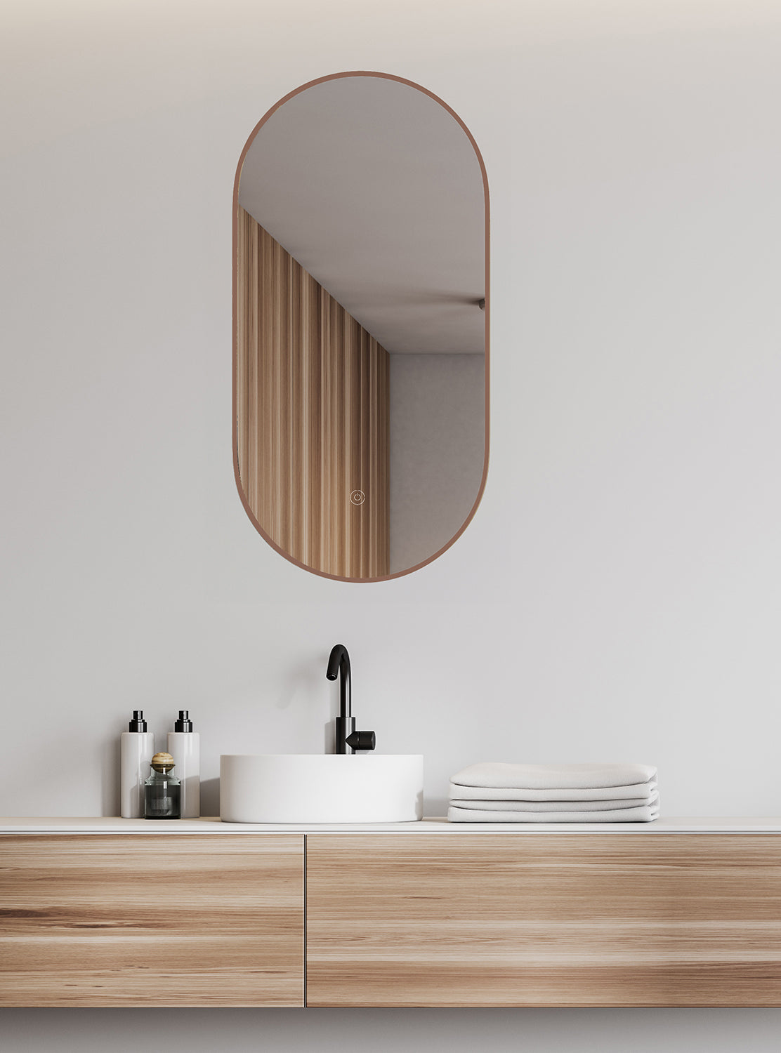 Nomi spiegel met lijst ovaal met LED, dimbaar en spiegelverwarming 50 x 100 cm geborsteld brons koper - WDtegels