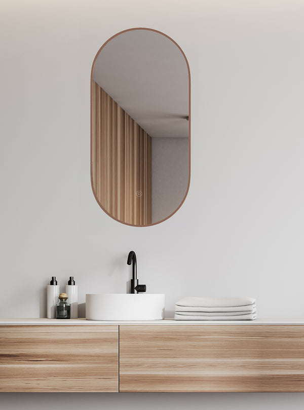 Nomi mirror 50 x 100 cm with oval frame with LED, dimmable and mirror heating brushed bronze copper